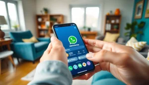 Interactive GBWhatsApp smartphone interface highlighting customization features in a cozy setting.