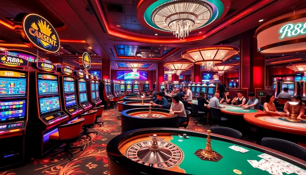 Players engaging with exciting RR88 slot machines and poker tables in a vibrant casino setting.
