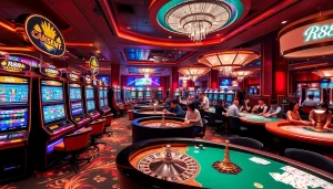 Players engaging with exciting RR88 slot machines and poker tables in a vibrant casino setting.