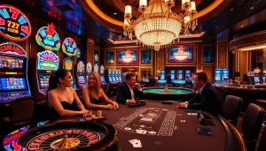 Players enjoying the vibrant atmosphere at 789 club casino with slot machines and blackjack tables.