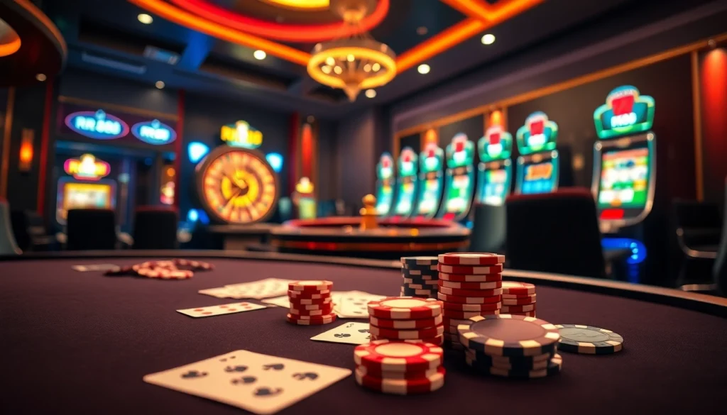 Experience the thrill of RR88 with vibrant gaming tables, poker chips, and a roulette wheel.