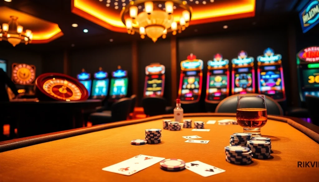 Experience the thrill at RIKVIP's poker table with vibrant chips and an elegant setting.