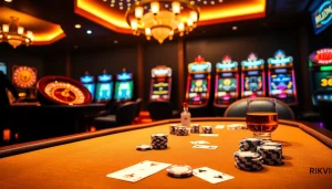 Experience the thrill at RIKVIP's poker table with vibrant chips and an elegant setting.
