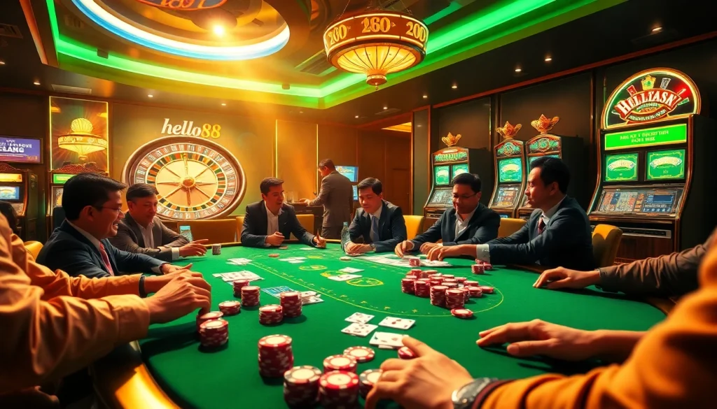 Hello88 betting scene showcases a professional poker table with active gameplay and vibrant chips.