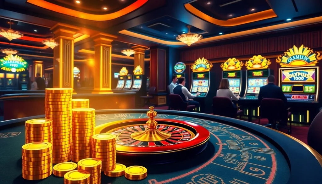 Experience the excitement of playing Olympus 1000 at a vibrant casino table with dazzling chips and Zeus-inspired visuals.