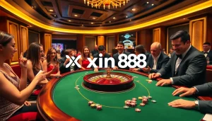 Xin88 players enjoying a thrilling moment at a luxury casino poker table.