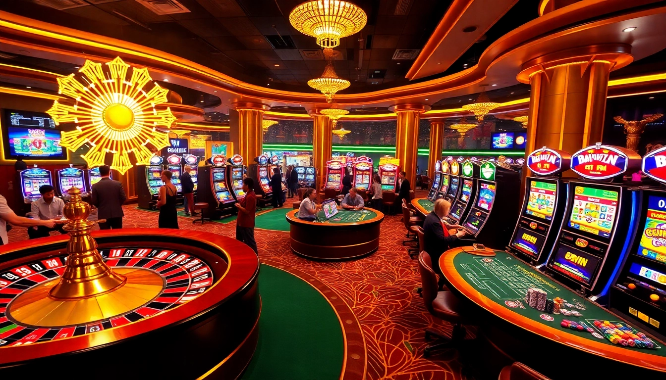 Experience the excitement of 98WIN with vibrant casino tables, roulette wheels, and lively gamblers.