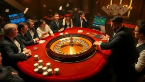 Betting excitement at a luxurious good88 casino roulette table with eager gamblers.