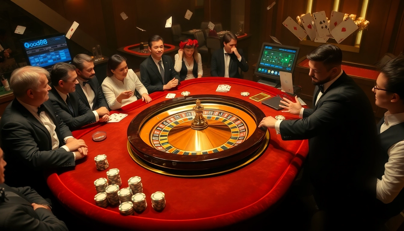 Betting excitement at a luxurious good88 casino roulette table with eager gamblers.