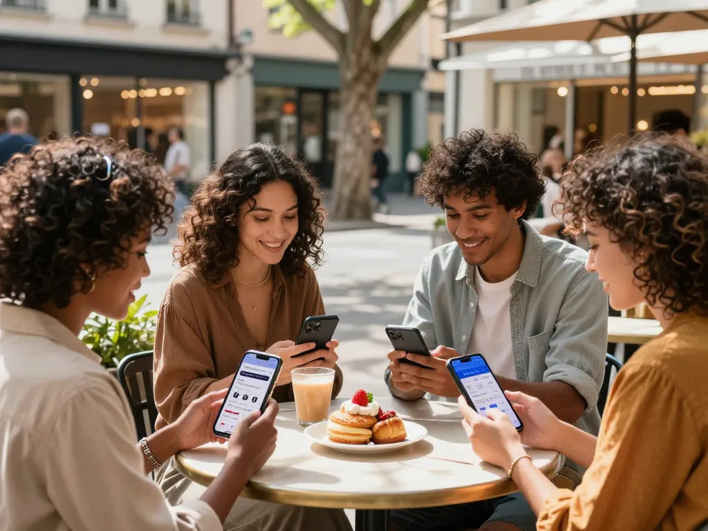Engaging group of friends exploring e-commerce deals on mobile at https://hubet88.icu/ in an urban café.