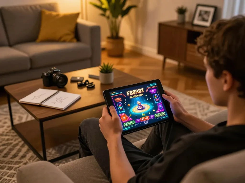 Engaging scene of a gamer enjoying f168slot on a tablet, demonstrating strategic gameplay in a cozy home setting.