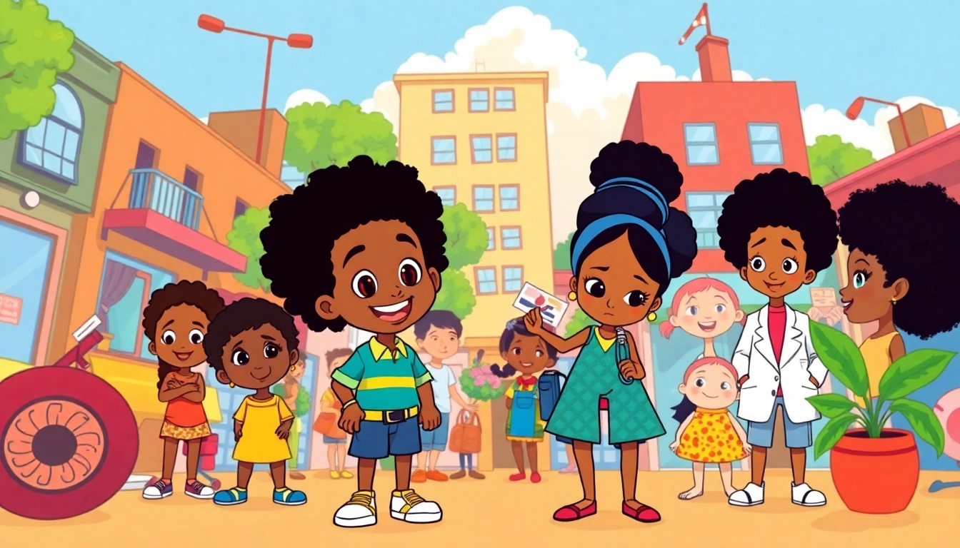 A lively scene of diverse characters from African American Cartoons celebrating creativity and inclusivity in an urban setting.