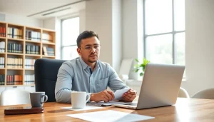 Engaging scene of a consultant focused on registration and certification in Federal databases in a modern office.