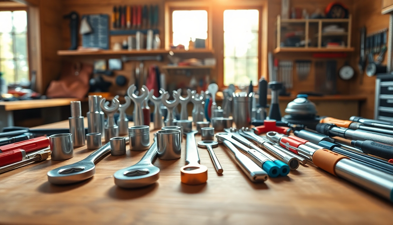 Brillante Werkzeuge auf einer hölzernen Werkbank präsentiert, die qualitativ hochwertige Handwerkzeuge für Mechaniker und DIY-Enthusiasten zeigen.