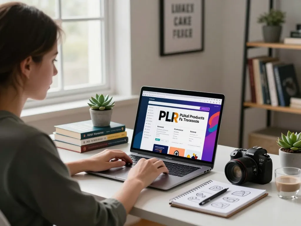 PLR Digital Products for Sale showcased in a modern home office with a content creator analyzing materials and brainstorming ideas.