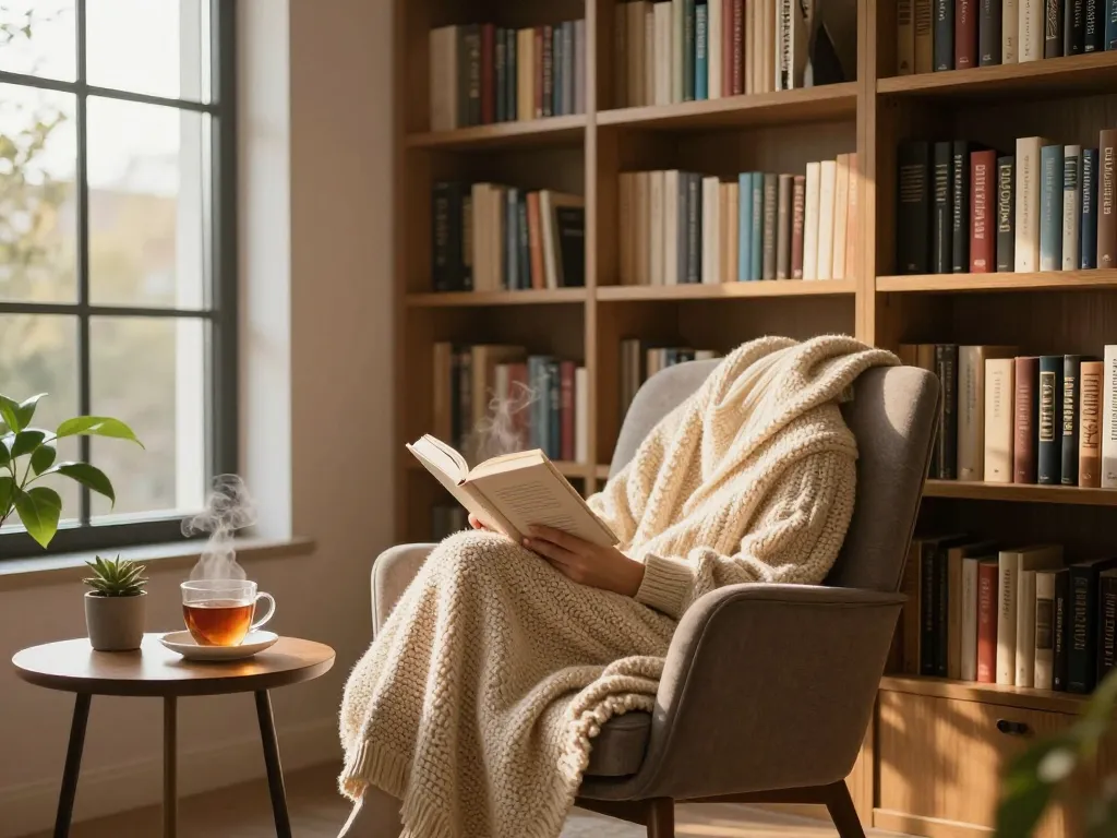 A cozy reading nook featuring a person enjoying a fantastic read in a modern home library filled with books.